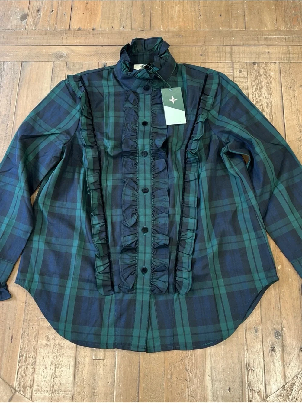Tuckernuck Blackwatch Plaid Ruffle Reagan Button Down Medium Long Sleeve NWT